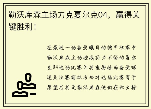 勒沃库森主场力克夏尔克04，赢得关键胜利！