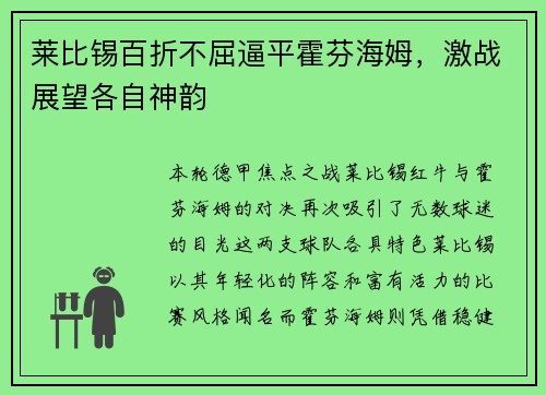 莱比锡百折不屈逼平霍芬海姆，激战展望各自神韵